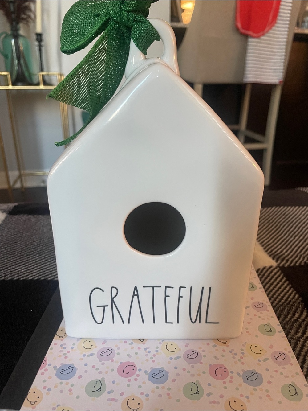 Magenta White Ceramic 'Grateful' Birdhouse with Green Bow